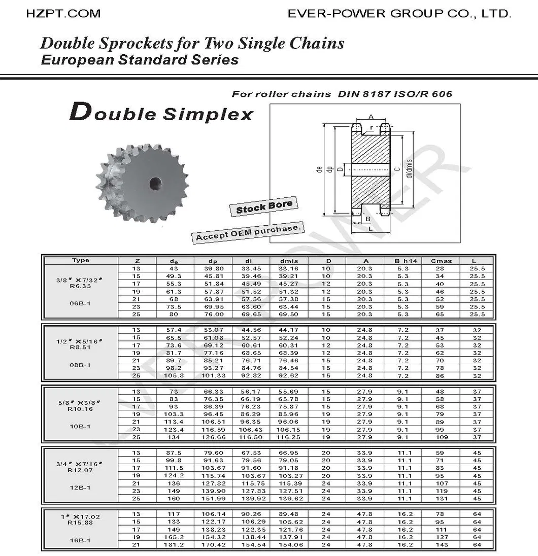 European Standard Series 06b 08b 10b 12b 16b Double Simplex Roller Chain Sprockets for Two Single Chains