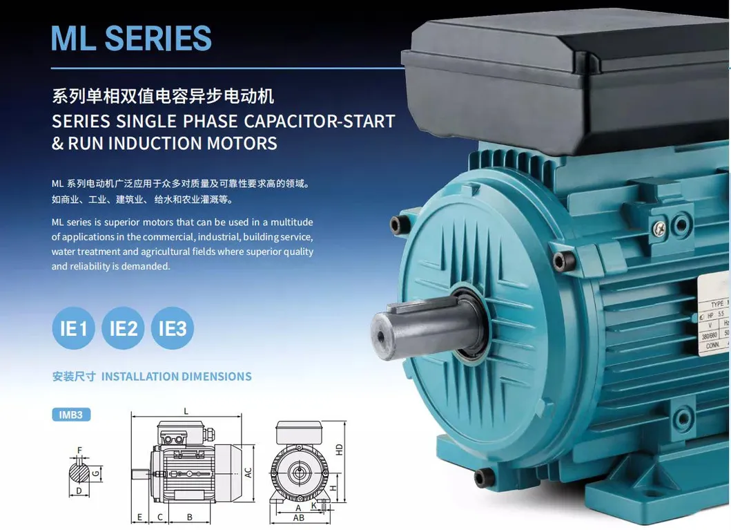 Ml Series High-Efficiency Low Noise Single Phase Dual-Capacitor Induction Motor with Running and Starting Capacitor